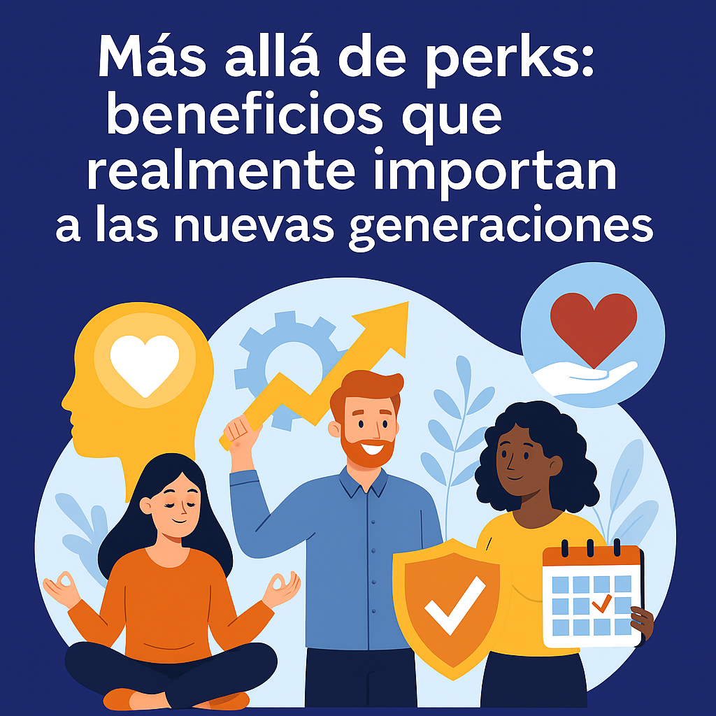 Ilustración de jóvenes profesionales con iconos de flexibilidad, salud mental y crecimiento. Título: “Más allá de perks: beneficios que realmente importan a las nuevas generaciones”.