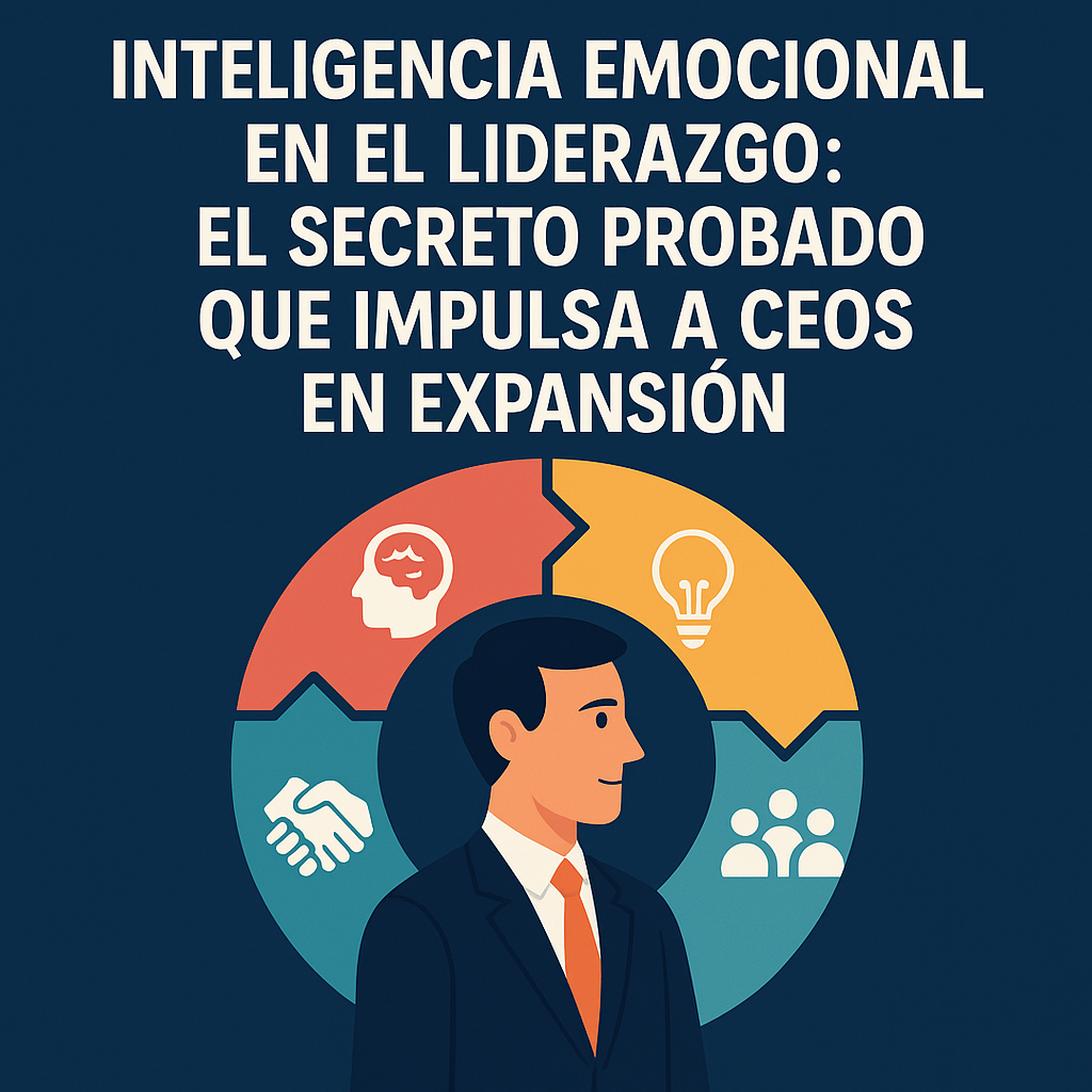 Ilustración corporativa que representa la inteligencia emocional en el liderazgo como secreto probado para CEOs en expansión, con un líder y símbolos de crecimiento.